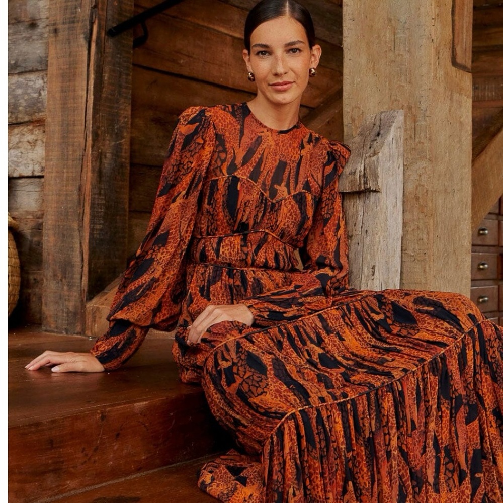 FarmRio Black Giraffes Puff Sleeve Maxi Dress